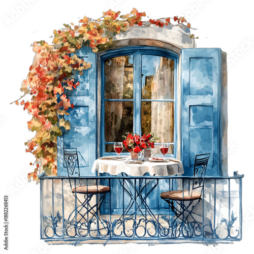 Romantic watercolor balcony scene with table set for two with red wine and flowers
