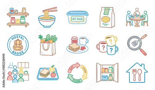 Hostel kitchen and communal living icon set illustrating shared food, cooking, and cleaning rules with cute hand-drawn doodles of meals, groceries, and backpacker life