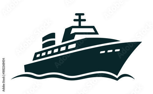 A dark green silhouette of a cruise ship sailing on calm waters