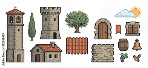 Pixel art game assets set for a medieval Mediterranean village, featuring a stone bell tower, castle keep, house with tiled roof, olive tree, and architectural elements