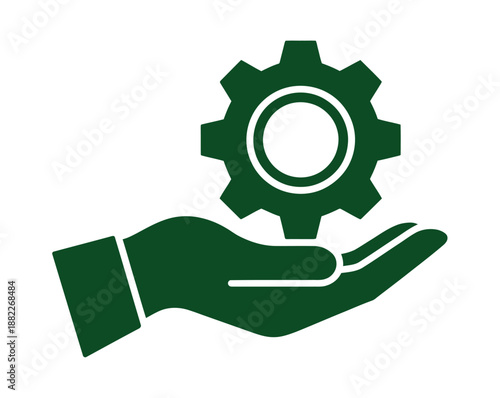 A green hand holding a gear symbolizing maintenance and support