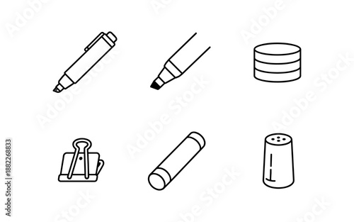 Collection of simple line art icons for office and school supplies