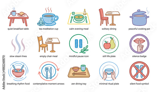 Colorful collection of fifteen vector icons illustrating concepts of mindful eating, quiet contemplation, and slow living, with simple line art drawings of meals and symbols