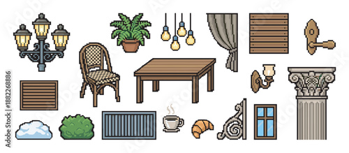 Pixel art collection of various cafe and street objects including furniture, lighting, food, and decor elements designed as assets for a retro video game