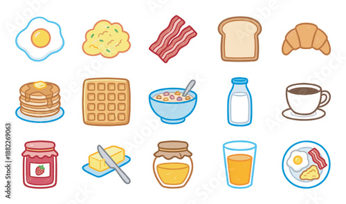 Colorful cartoon breakfast food icon set featuring eggs, bacon, pancakes, toast, coffee, and juice in a cute, simple illustrative style for morning meal concepts