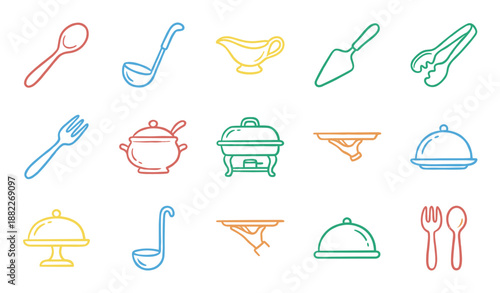 Colorful set of catering and buffet line icons showing various kitchenware and serving utensils like a spoon, ladle, cloche, and chafing dish in a minimalist vector style