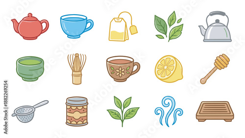 Colorful set of tea icons featuring a teapot, cup, kettle, matcha whisk, lemon, and honey dipper in a cute, hand-drawn cartoon style for a cozy beverage ceremony
