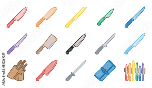Colorful collection of various kitchen knives and cutlery tools illustrated in a simple cartoon style, including a chef knife, cleaver, knife block, and sharpening steel for cooking