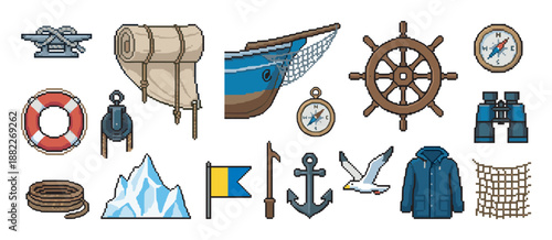 Collection of nautical pixel art icons including a ship's wheel, anchor, compass, and lifebuoy in a retro 8-bit video game style illustration for maritime themes