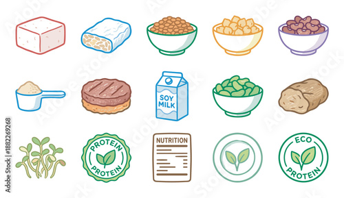 Collection of plant-based protein food icons featuring tofu, tempeh, beans, lentils, and soy milk in a cute, colorful hand-drawn cartoon illustration style for healthy vegan diets