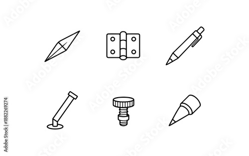 Collection of simple line art icons representing tools and stationery items