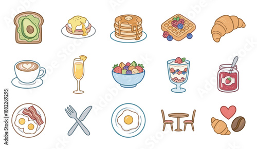 Set of charming hand-drawn breakfast icons featuring popular brunch dishes like avocado toast, pancakes, eggs benedict, and coffee, presented in a cute cartoon illustration style
