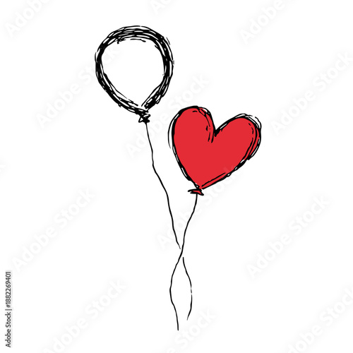 Sketch of heart-shaped and round balloons floating together on Valentine's Day 