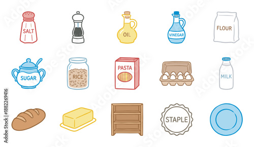 Set of hand-drawn pantry staple icons illustrating essential cooking ingredients like salt, pepper, oil, flour, sugar, eggs, and milk in a simple, charming cartoon style
