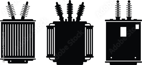 Black electrical power transformer silhouettes set, industrial energy equipment icons isolated on white background for electricity distribution, utility infrastructure, engineering, 