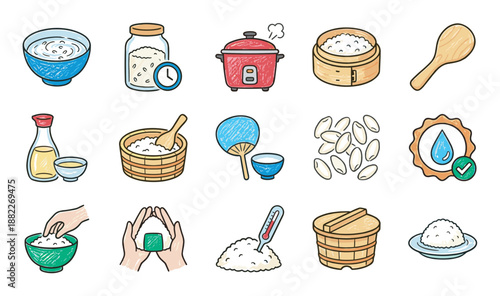 Collection of hand-drawn rice cooking icons showing the preparation process from grain to dish, including a cooker, steamer, onigiri, and porridge in a cute doodle illustration style