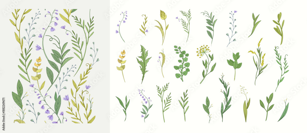Naklejka premium Floral set with colorful wild flowers and elegant branch. Botanical foliage for wedding invitation or wall art. Vector illustration