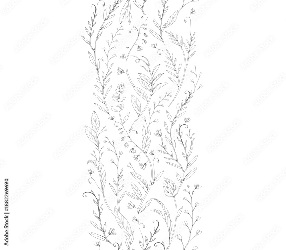 Fototapeta premium Botanical seamless horizontal border with detailed various foliage, intricate details and delicate forms. Elegant floral rustic design elements. Hand drawn vintage vector