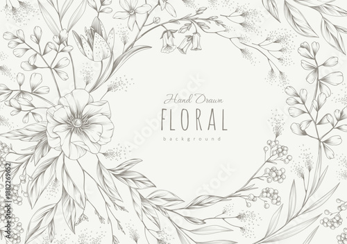 Background with detailed various flowers and foliage, intricate details and delicate forms. Hand drawn vector illustration with elegant botanical elements for invitation, save the date card