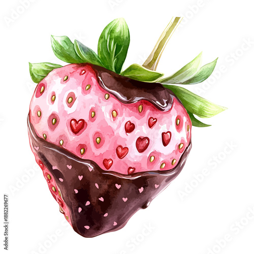 Watercolor Pink Chocolate Covered Strawberry Illustration, Romantic Valentine's Day Dessert Clipart, Sweet Fruit Treat Vector
