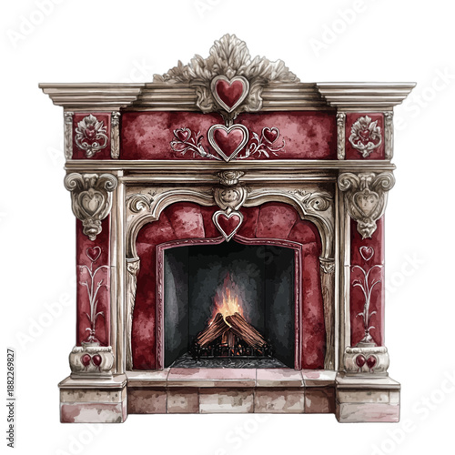 Vintage Ornate Fireplace with Hearts Illustration, Romantic Valentine's Day Hearth Clipart, Hand-Drawn Vector Art

