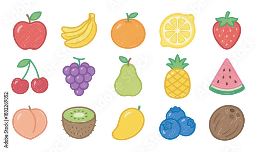 Colorful collection of various fruit icons drawn in a cute and simple cartoon doodle style, featuring apple, banana, orange, strawberry, pineapple, and watermelon
