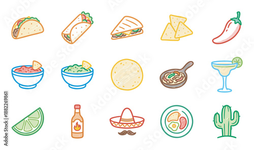 Colorful set of Mexican food icons featuring a taco, burrito, nachos, salsa, and guacamole, illustrated in a simple and charming hand-drawn doodle style for culinary themes