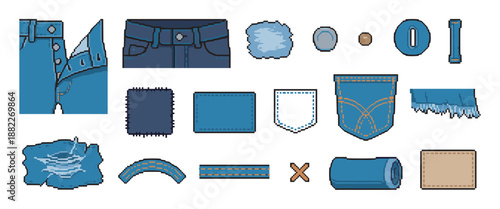 Pixel art set of blue denim jeans components including pockets, buttons, rivets, patches, and distressed fabric textures in a classic 8-bit video game style illustration
