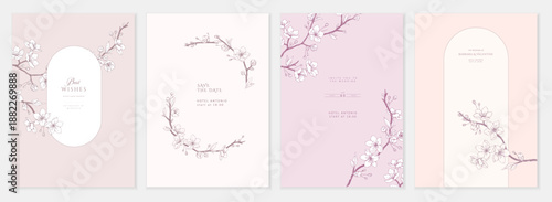 Set of card with cherry blossoms, flowers and brunch. Detailed template layout design, brochure or cover for Valentines day or wedding