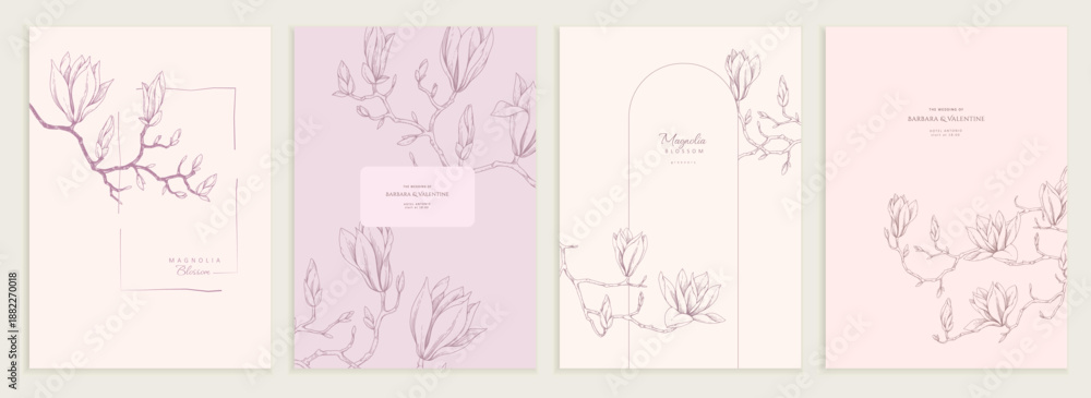 Fototapeta premium Set of card with magnolia blooming, flowers and brunch. Detailed template layout design, brochure or cover for Valentines day or wedding