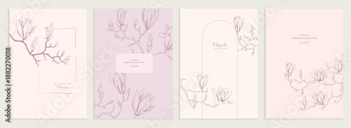 Set of card with magnolia blooming, flowers and brunch. Detailed template layout design, brochure or cover for Valentines day or wedding