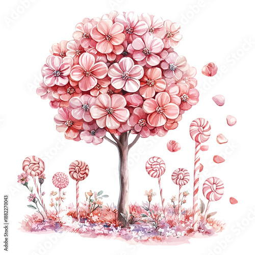 Romantic Watercolor Flower and Candy Tree Illustration, Pink Blossom Valentine's Day Lollipops Clipart, Sweet Love Theme Vector
