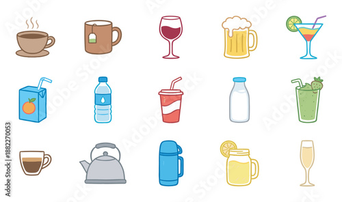 Collection of colorful drink and beverage icons including coffee, tea, wine, beer, juice, and soda, drawn in a simple and cute cartoon illustration style for various design uses