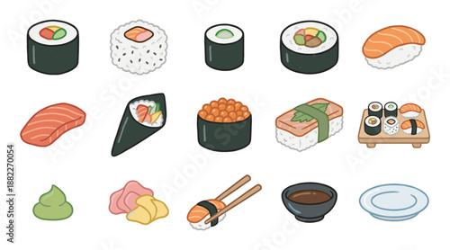Colorful illustrated set of various sushi types including maki, nigiri, sashimi, and temaki with wasabi, ginger, and soy sauce in a flat cartoon vector style