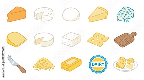 Large set of cheese and dairy illustrations featuring many different types of cheese, a cutting board, a knife, and a dairy label in a simple hand-drawn cartoon style