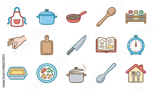 Colorful set of cooking and kitchen icons featuring an apron, pot, pan, spoon, knife, and recipe book in a charming hand-drawn cartoon style for culinary concepts