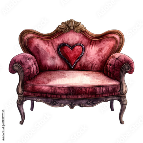 Elegant Vintage Red Velvet Loveseat with Heart Backrest, Romantic Upholstered Chair Vector Clipart, Valentine's Day Furniture
