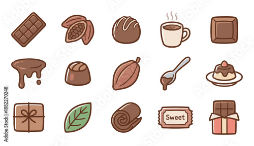 Charming set of hand-drawn chocolate icons including bars, cacao pods, hot cocoa, and various sweets in a cute cartoon illustration style for confectionery and dessert concepts