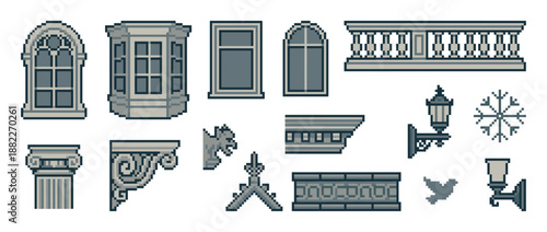 Set of pixel art architectural elements including windows, a balcony, columns, lamps, and a gargoyle for a retro video game design or classic building construction concept