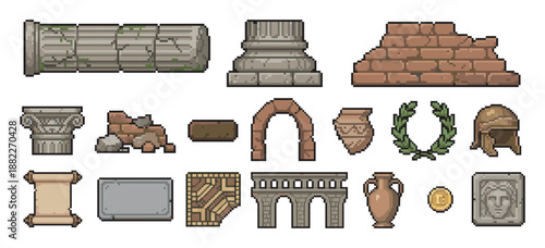 Collection of ancient Roman pixel art assets featuring ruined columns, an archway, amphora, helmet, and other historical artifacts for a retro video game design