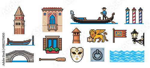 Collection of pixel art icons representing a historic European canal city with a gondola, carnival mask, winged lion, bell tower, bridge, and architectural elements in a retro 8-bit style