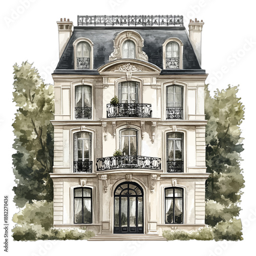 Classic Parisian Townhouse Watercolor Illustration, Elegant French Architecture Building, Romantic Valentine's Day Home
