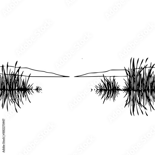 A minimalist line art illustration of a serene lake with grassy banks and hills in the background, silhouette on transparent background