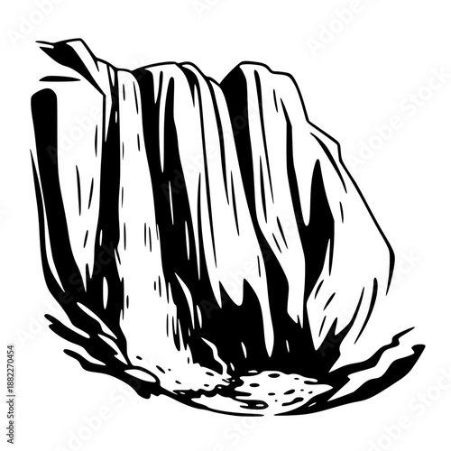 A black and white vector illustration of a waterfall on transparent background