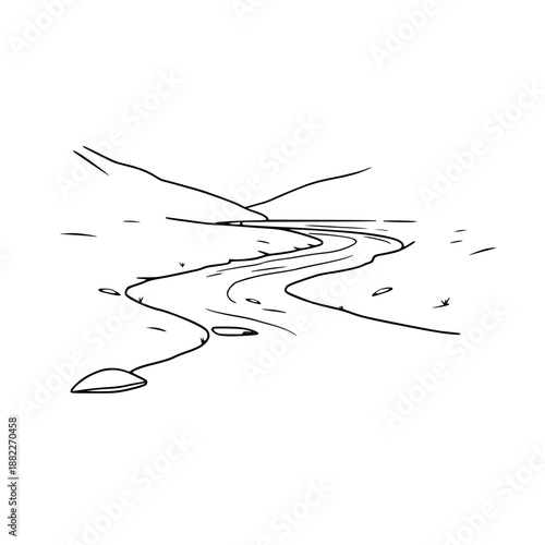 Bilde på lerret A minimalist line art illustration of a winding river flowing through a landscap