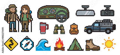 Pixel art icon set for hiking, camping, and road trip adventure featuring hikers, an off-road car, tent, campfire, and other travel equipment in a retro 8-bit video game style