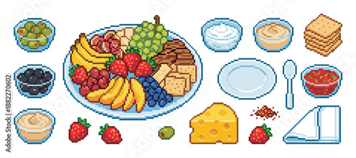 Pixel art food set with a charcuterie board, fruits, cheese, crackers, and dips in a retro 8-bit video game style illustration for a party or appetizer concept