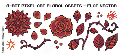 Set of 8-bit pixel art floral assets featuring red roses, dahlias, thorny vines, and leaves for creating retro video game graphics or digital art compositions