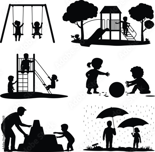 Children playing outdoors silhouette set showing playground activities, friendship, childhood fun, family bonding, teamwork, imagination, safety, recreation, education, leisure time concepts in park 