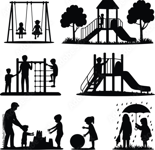 Children playground silhouette illustration showing kids playing on swings, slides, climbing frames, sandbox and rainy day activities in park outdoor recreation concept